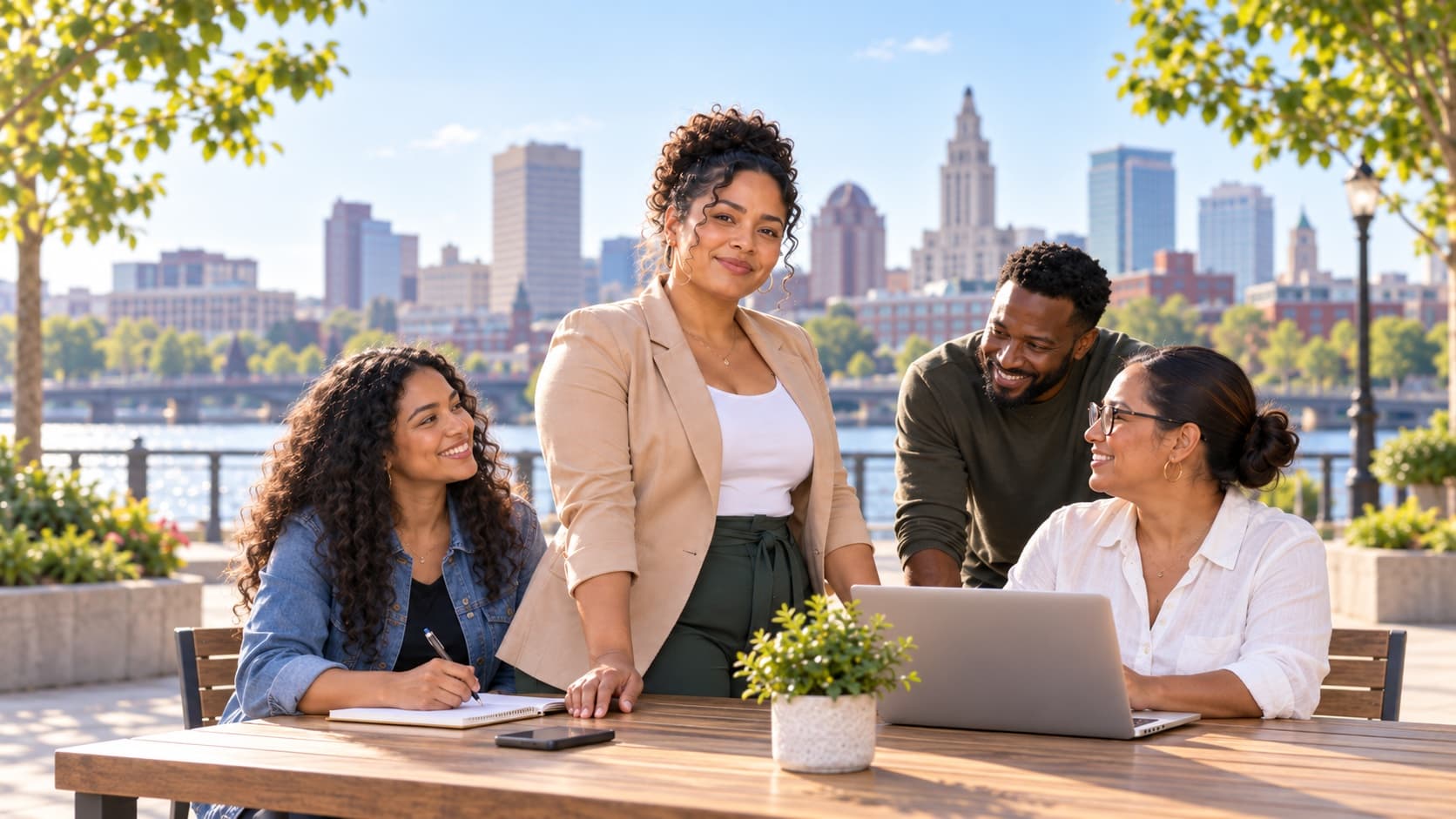 Four people planning together at a table on a riverfront walk, a city skyline behind them
